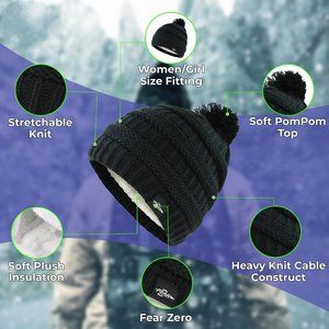 Girl’s Fear0 NJ Warmest Plush Insulated Black Beanie Hat, Kids